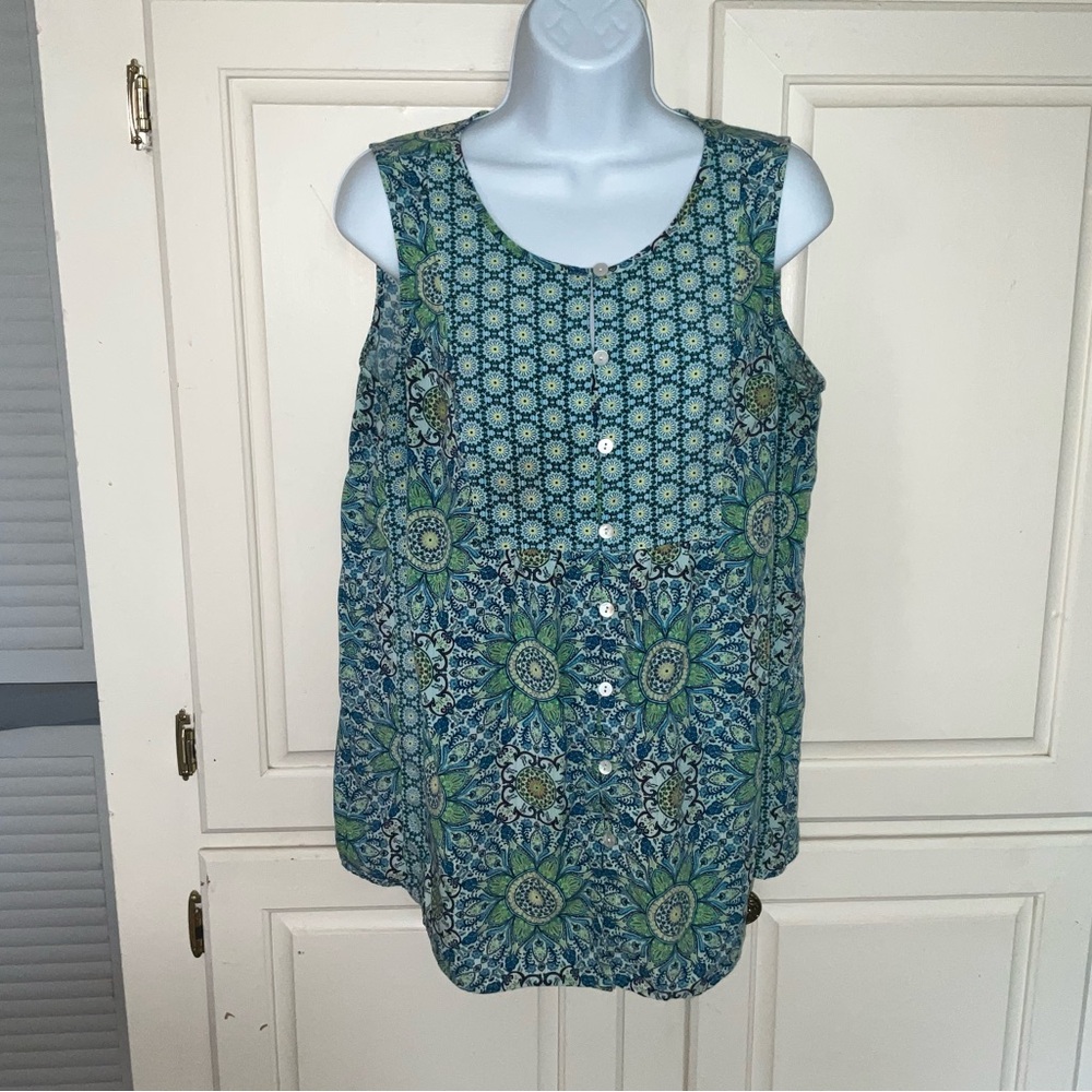 J Jill Tunic Medium Green and Blue Geometric Floral Buttoned Sleeveless